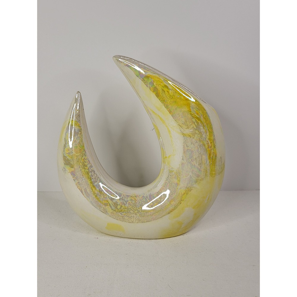 Vintage Iridescent Yellow Marbled Ceramic Crescent Moon Vase Art Pottery 8.5"